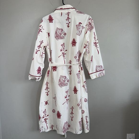 BedHead Egyptian Cotton Kimono Robe S/M White Red Japanese Print Geishas Dragons - Picture 2 of 10